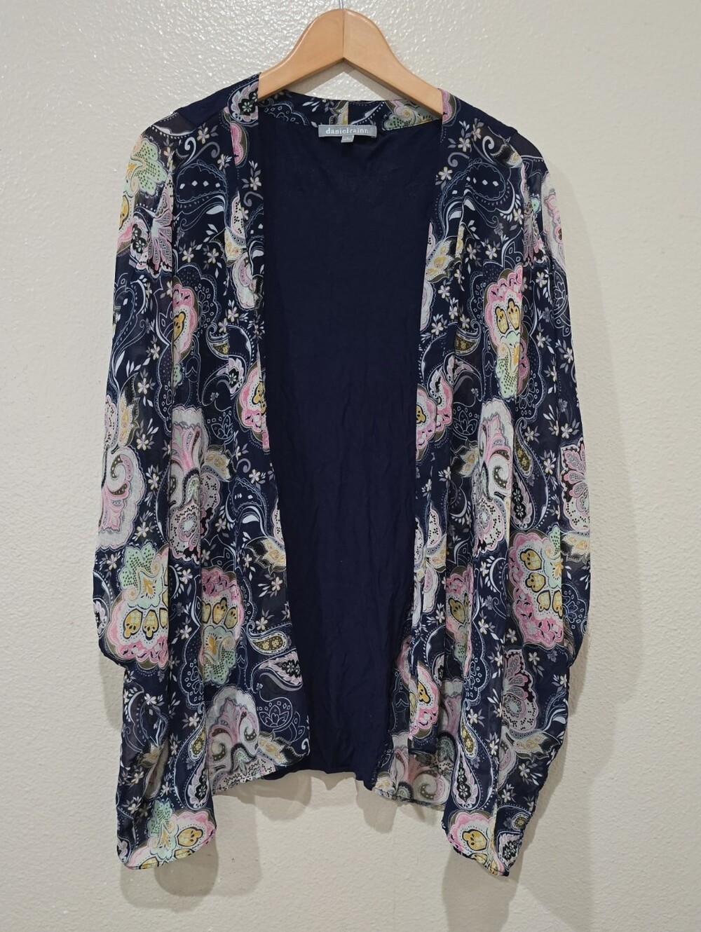 Daniel Rainn Navy Paisley Open-Front Cardigan with Pink and Blue Accents
